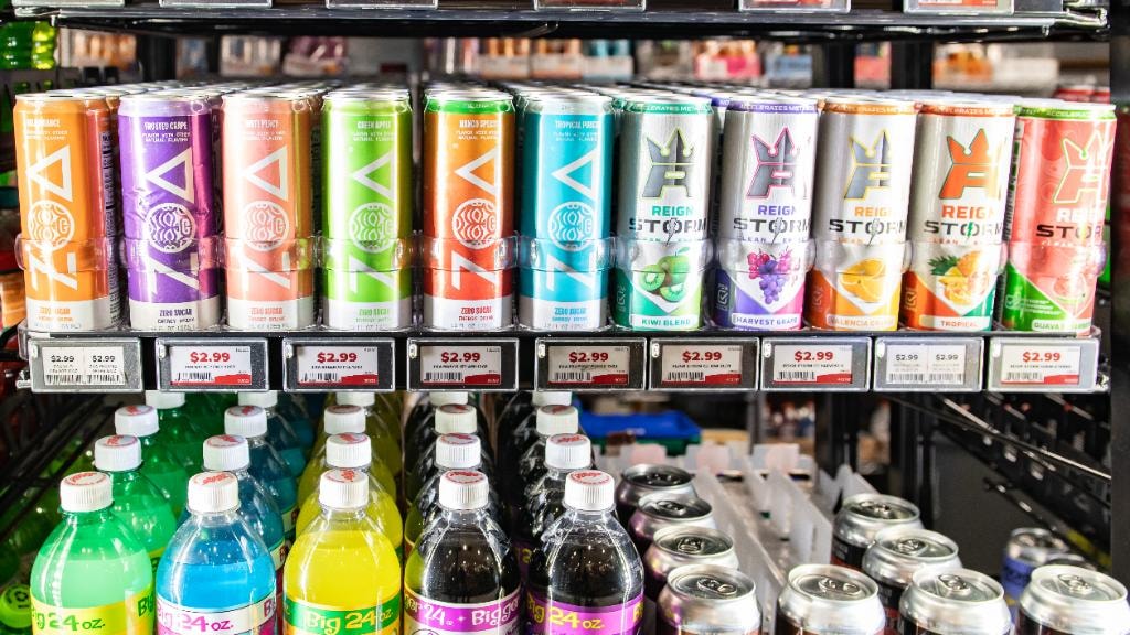 ESL – energy drink display with ZOA and Reign Storm cans, all priced at $2.99 via ESL tags