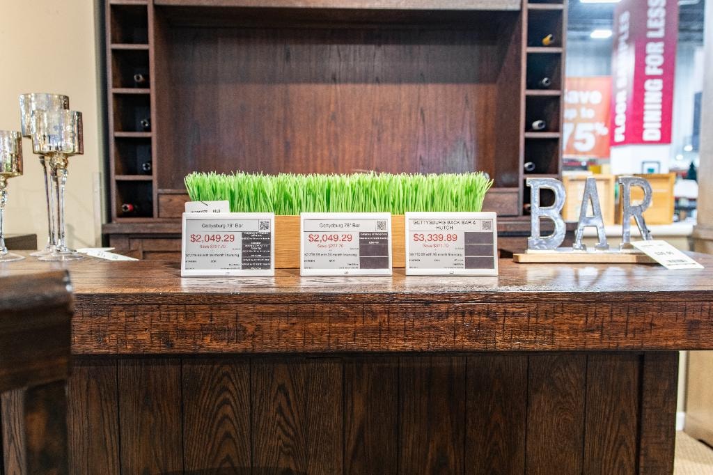 Steinhafels – Gettysburg bar display with three ESL tags showing prices up to $3,339.89