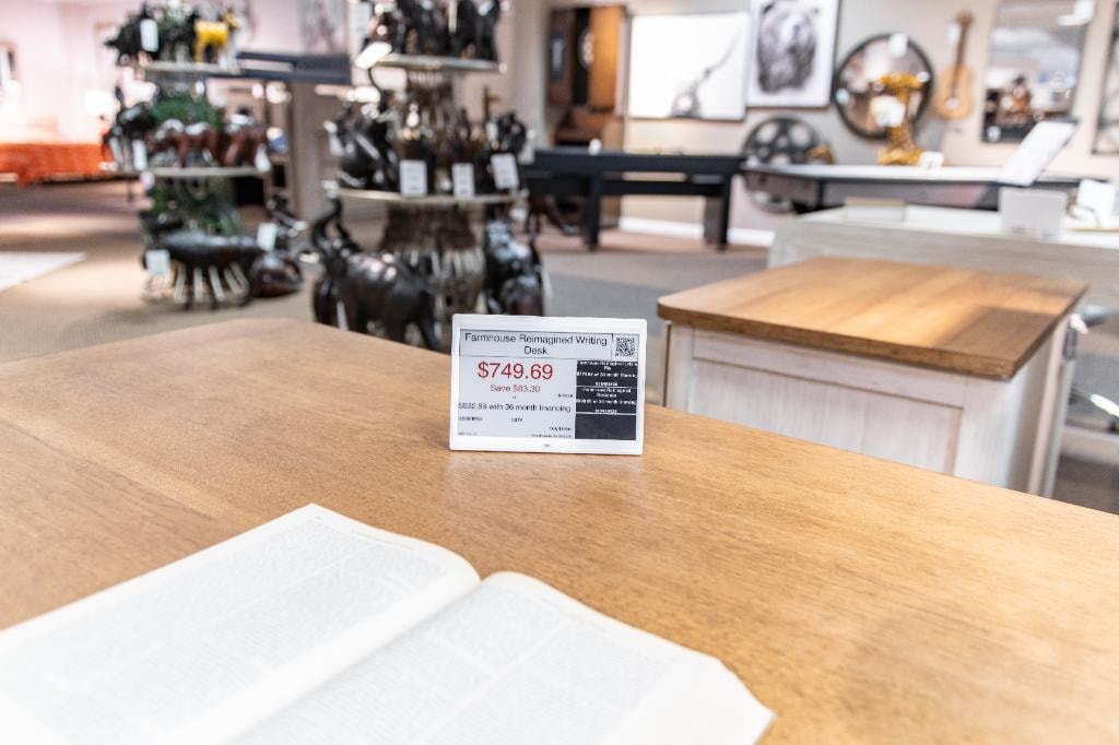 Steinhafels – Farmhouse Reimagined Writing Desk display with ESL tag showing $749.69