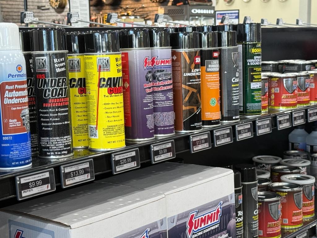Summit Racing – undercoating and rust prevention products shelf with ESL price tags