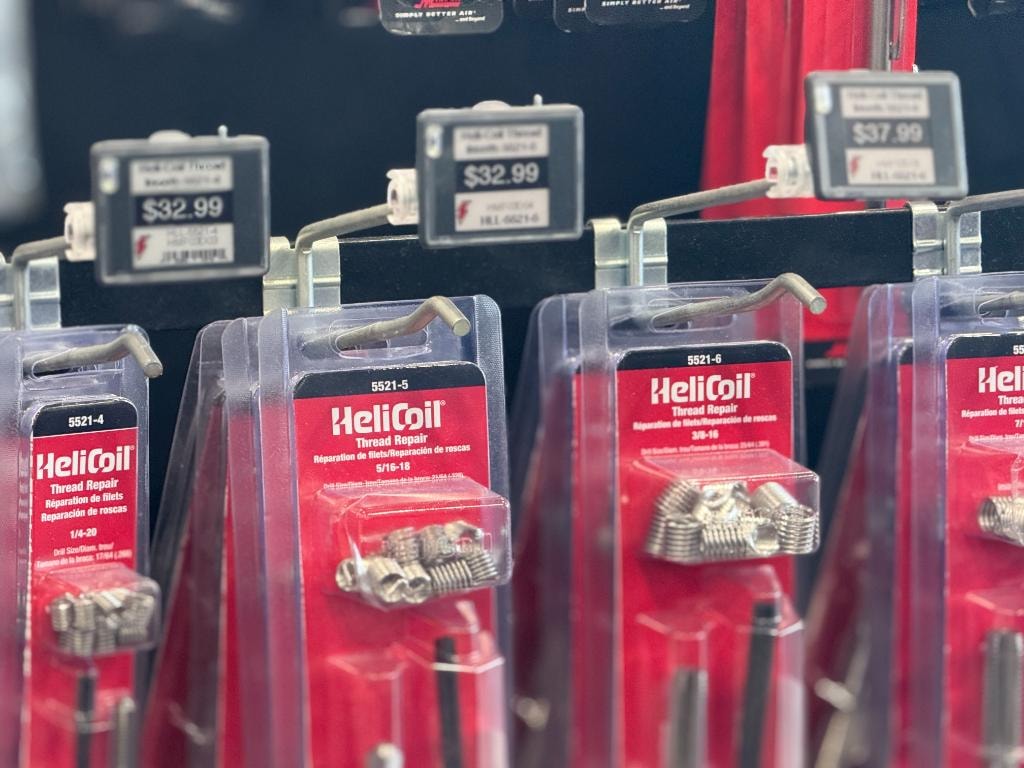 Summit Racing – HeliCoil thread repair kits display with ESL price tags